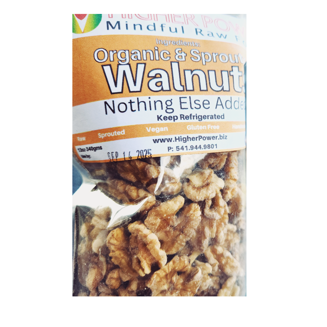Package of Mindful Raw organic sprouted walnuts on a white background
