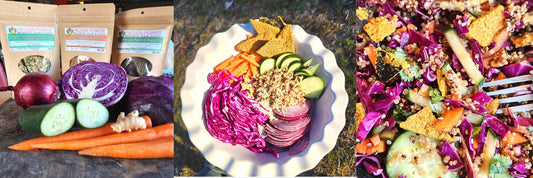 A delicious salad made from purple cabbage, red onions, cucumber, quinoa, carrots and ginger topped with nutrient dense nori chips.