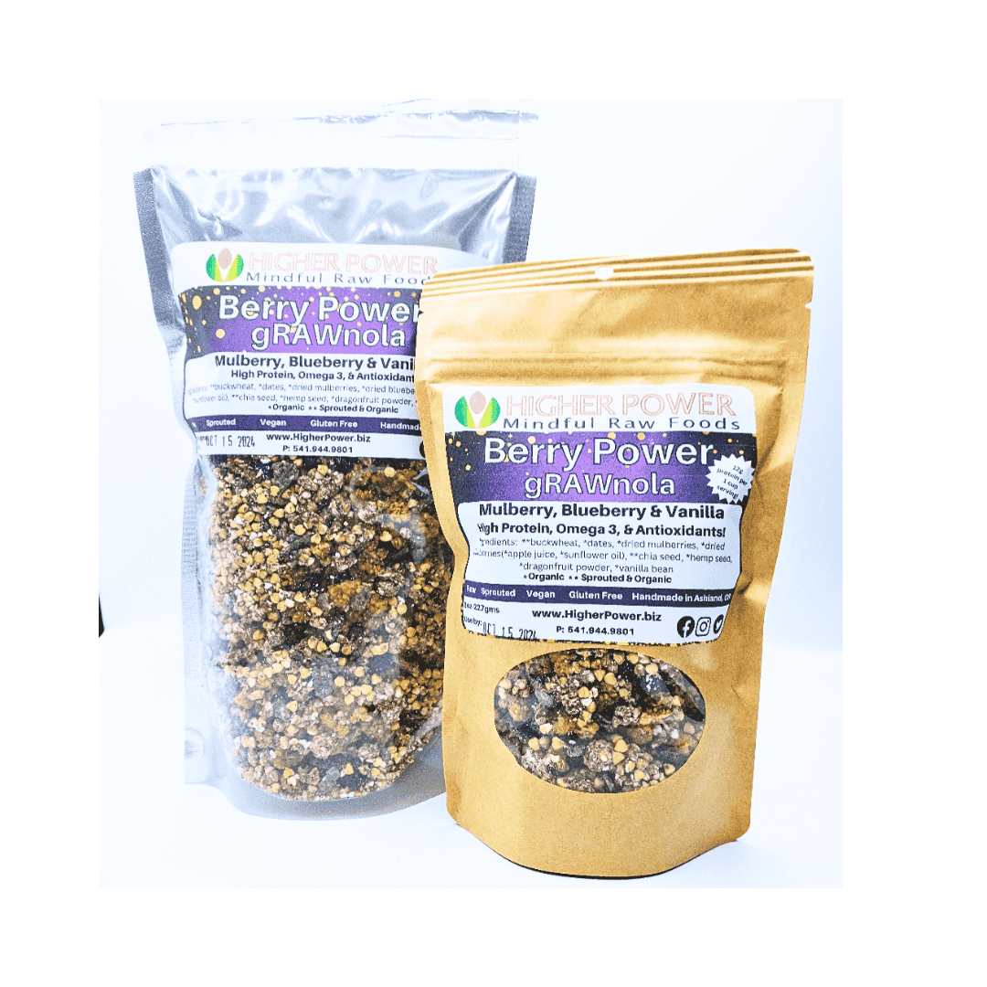 Higher Power Berry Power Granola made with Mulberry, Blueberry, and Vanilla.  High in Protein, Omega 3, and Antioxidants