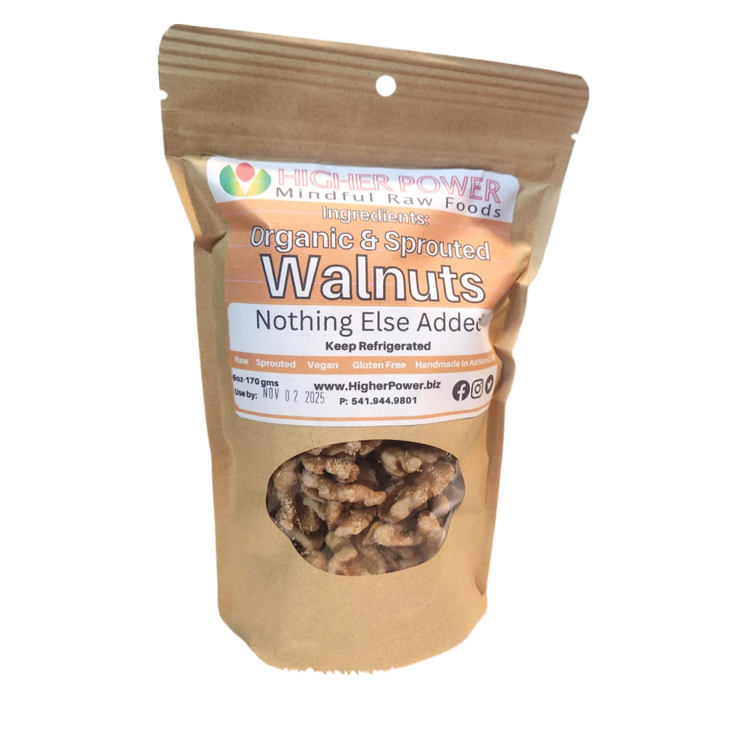 Kraft paper bag of organic sprouted walnuts with Higher Power label on a white background